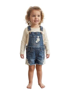 Jordache Girls Denim Overall Shorts Lace Floral XS 4 5 Jean Shortalls